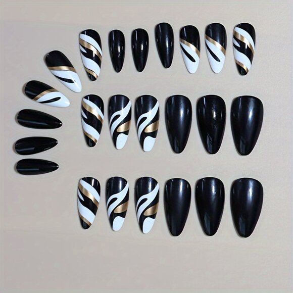 24-Piece Almond-Shaped Press-On Nails Set - Medium Length with Black and White - Picture 4 of 6